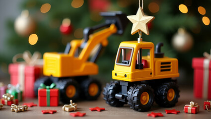 Fototapeta premium Cute Toy Excavator Hangs Star Ornament in Festive Christmas Scene