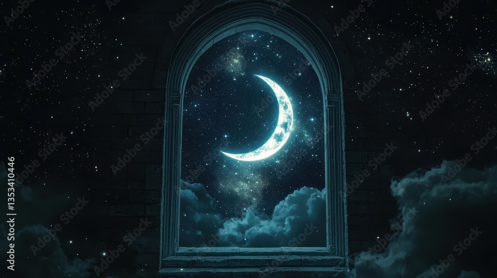 Poster surreal mystical window framing a glowing crescent moon against a starlit night sky, rendered in gen