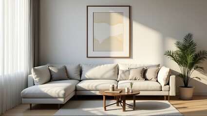 Stylish Home Living: Sofa Arrangement with Picture Frame on Wall for a Cozy Atmosphere