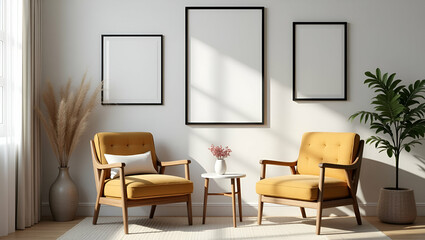 Fototapeta premium Cozy and Stylish Living Room Decor: Chairs, Picture Frames, and Flower Vases for a Beautiful Home Environment - Photo Stock Concept with Empty Space