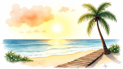 Stunning Watercolor Illustration of a Romantic Beach Wedding Scene with Palm Tree Sunset and Wooden Dock - Perfect for Artistic Photo Stock Concepts with Space for Text