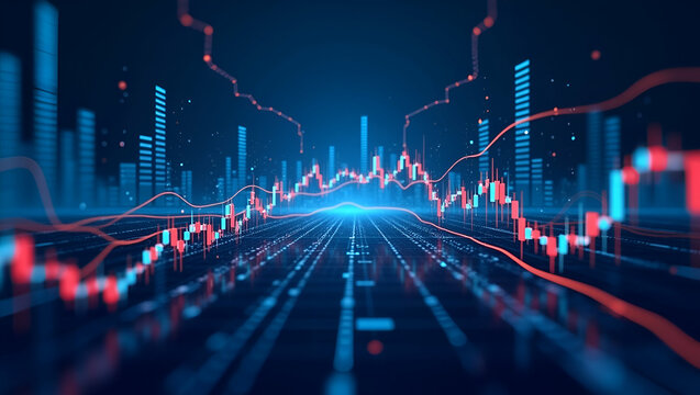 Flat Illustration of stock market or forex trading platform with dashboard interface perspective view website header banner showcasing economic trends and stock exchange including binary options. Vect