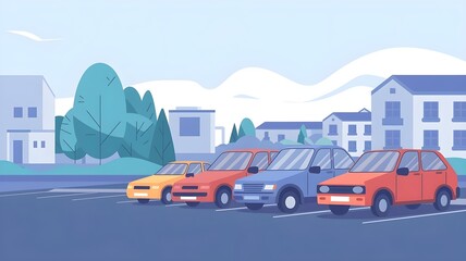 an urban parking lot with four colorful cars,The overall atmosphere is reminiscent of a quiet residential area with its own parking area.