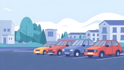 Fototapeten an urban parking lot with four colorful cars,The overall atmosphere is reminiscent of a quiet residential area with its own parking area. © Sarra