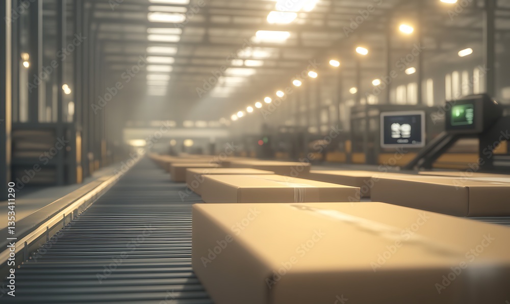 Poster a busy warehouse with conveyor belts transporting cardboard boxes in a well-lit environment.
