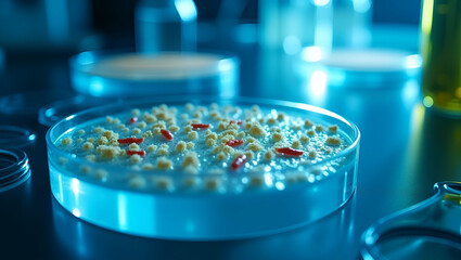 Closeup of a Petri Dish with Genetically Engineered Microorganisms: A State-of-the-Art Biotech Lab Illustrated in a Simple, Cute Vector Style for Smart Business Insights