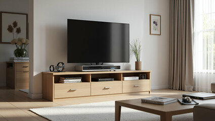 Functional Home Design: Living Room with Storage Table & TV for Modern Space Organization