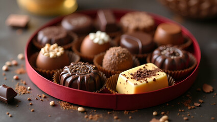 Flat Luxurious chocolate box with assorted pralines beautifully arranged ready to indulge in delightful flavors concept as Luxurious chocolate box with assorted pralines beautifully arranged and ready