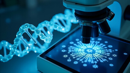Obraz premium Flat Microscope image of modified DNA strands displayed on advanced digital equipment within a biotech lab showcasing genetic research and scientific innovation concept as Microscope view of modified 