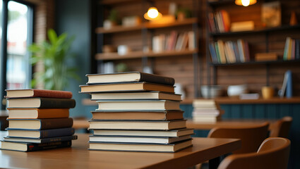 Cozy Cafe Reading: A Neatly Stacked Pile of Books on a Table with Empty Space for Your Imagination - Perfect Photo Stock Concept for Leisure and Relaxation