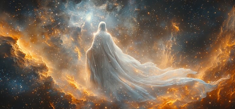 Celestial Being in Cosmic Embrace: Ethereal Figure Amidst Galactic Splendor