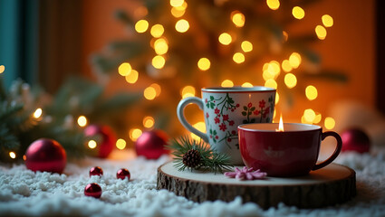 Cozy Winter Scene: Festive Decorations & Warm Drinks for Inviting Holiday Marketing and Lifestyle Themes - A Simple Flat Cute Vector Illustration for Your Seasonal Campaigns