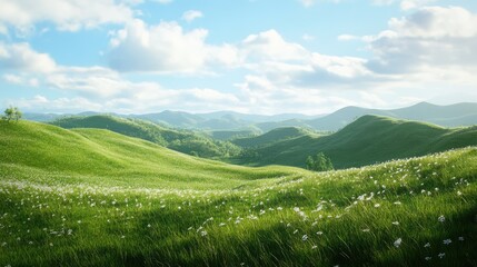 Obraz premium Serene landscape showcasing rolling green hills under a clear blue sky with fluffy clouds and distant mountains