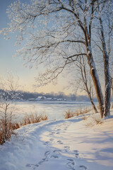 Enchanting Winter Wonderland: A Walk Through the Snow-Covered Landscape and Frozen Lakes Under a Pale Blue Sky