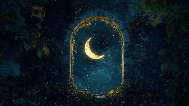 Dreamlike mystical window framing a glowing crescent moon in a starry night sky, rendered in generative AI style.