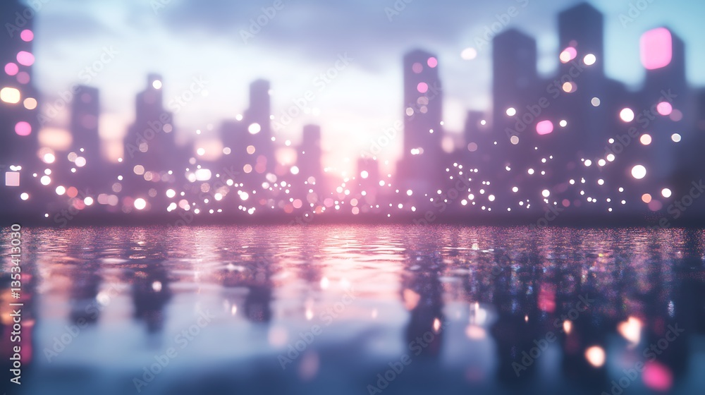 Aufkleber Serene cityscape reflection with colorful bokeh lights at dusk over water.