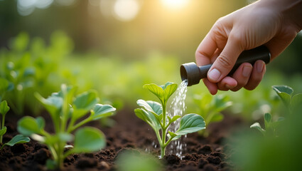 Fototapeta premium Close up woman hand watering a green young plant illustrating gardening plant care and sustainable living concept as Close up of a womans hand watering a young green plant illustrating gardening plant