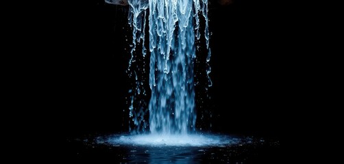 Isolated waterfall cascading down dark background, water droplets visible, tranquility, raw, isolated