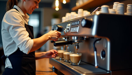 Espresso coffee machine in cafe with professional barista preparing hot caffeinated drink serving cappuccino in modern coffee shop setting. concept as Espresso coffee machine in cafe with professional