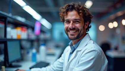 Obraz premium Happy scientist with curly hair in high-tech lab wearing white coat, experiment, laboratory, modern