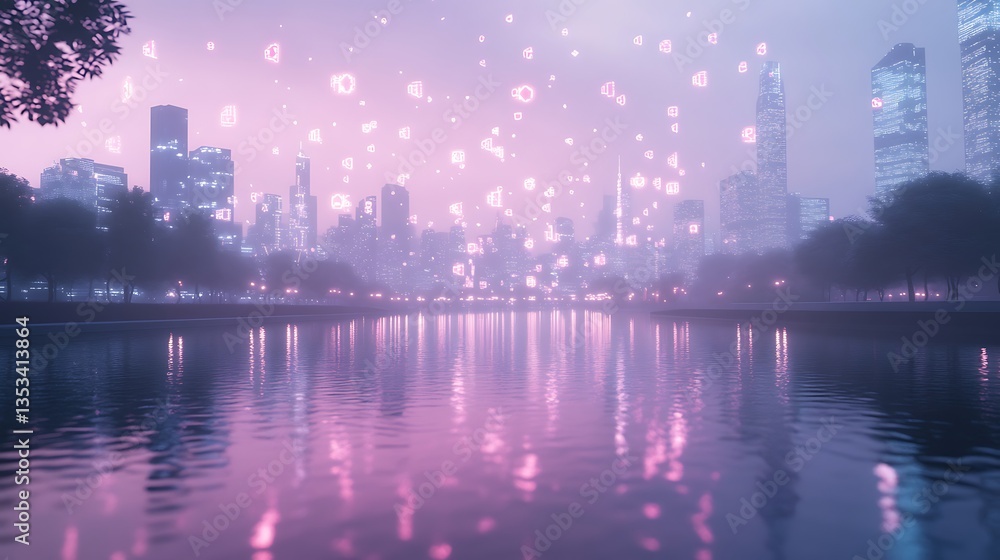 Poster a serene cityscape at dusk with reflections in water and scattered light elements creating a dreamy 
