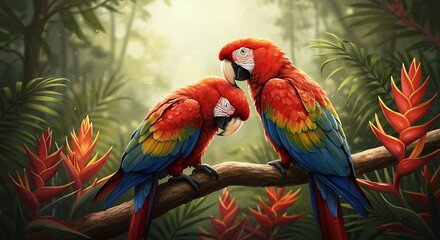 Fototapeta premium Scarlet Macaws Perching Together on Branch in Tropical Jungle Setting