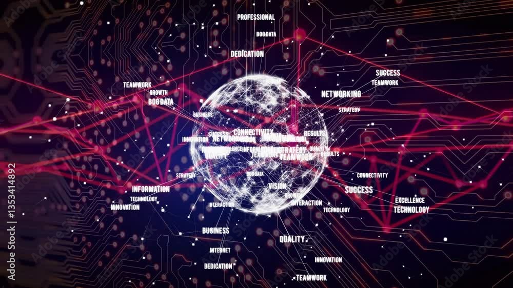 Poster animation of glowing globe with success and networking words on circuit background