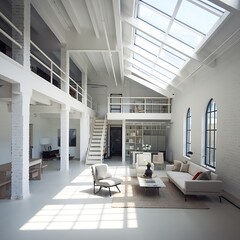 Fototapeta premium A bright, minimalist loft apartment featuring skylights, white walls, an open floor plan, a staircase, and modern furniture. Sunlight streams through the large windows and skylights.
