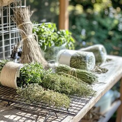 Fototapeta premium Herb bundling supplies on drying rack, preservation station with twine tools, garden focus