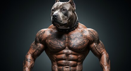 Muscular Dog Bodybuilder with Tattoos Posing in Studio with Serious Look
