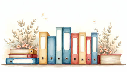 Hand Drawn Watercolor Illustration of Binders for Organizing Papers - Perfect Nursery Art Clipart on White Background with Empty Space for Customization