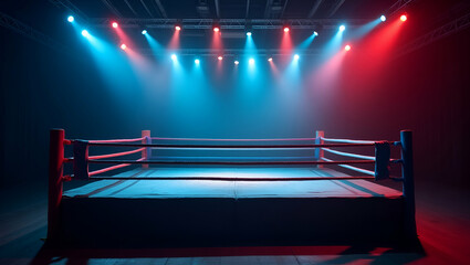 Empty boxing ring illuminated by colorful lights ready for match dramatic atmosphere professional sport setting concept as Empty boxing ring illuminated by colorful lights ready for match creating dra