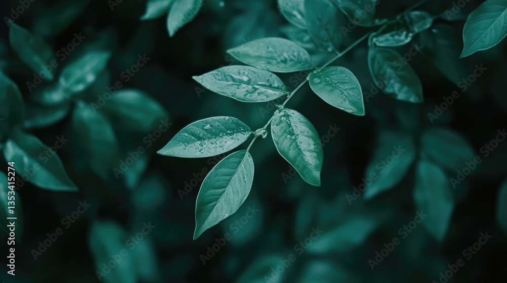 Poster close-up of lush green leaves with droplets of water, creating a serene and refreshing atmosphere in