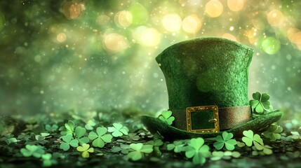 A vibrant green leprechaun hat rests on a bed of clovers, creating a magical St. Patrick's Day atmosphere.