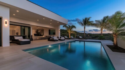 Fototapeta premium Modern villa with pool and tropical views at twilight
