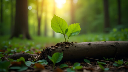 Vibrant Green Leaf on Log: Symbol of Growth in Lush Forest