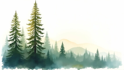 Obraz premium Stunning Watercolor Illustration of a Tall Majestic Redwood Tree Towering Over a Forest - Nature's Grandeur on White Background with Empty Space for Design