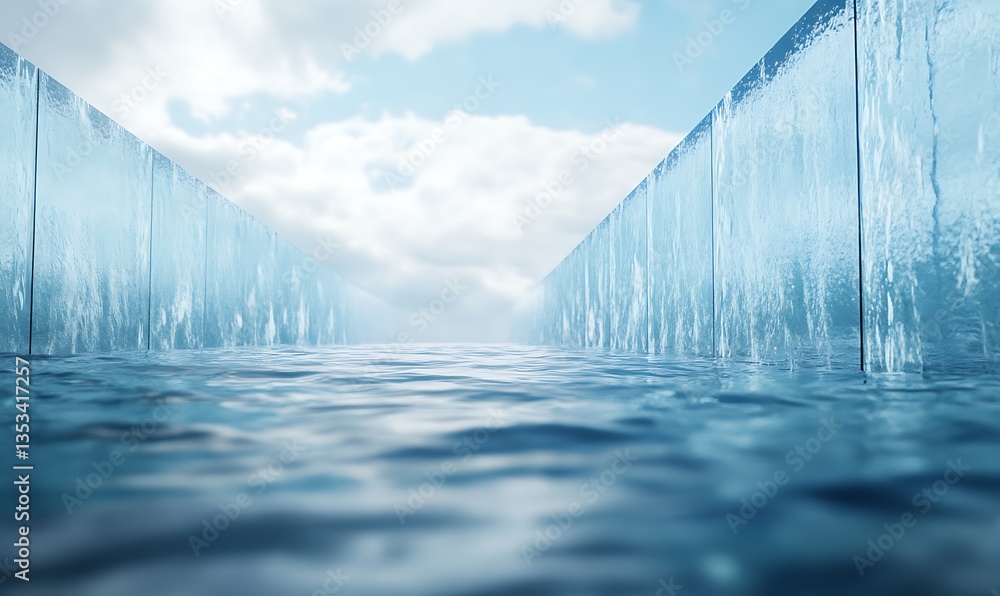 Poster clear water flows between transparent walls under a bright sky, creating a serene atmosphere.