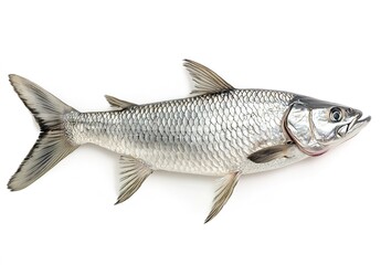 Fototapeta premium A silver fish with fine scales, strong reflective effect, placed on a solid white background, the fish has a slender shape, detailed textures on the tail and fins