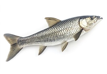 Fototapeta premium A silver fish with fine scales, strong reflective effect, placed on a solid white background, the fish has a slender shape, detailed textures on the tail and fins