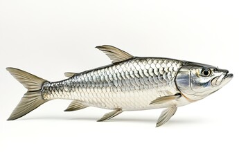 Fototapeta premium A silver fish with fine scales, strong reflective effect, placed on a solid white background, the fish has a slender shape, detailed textures on the tail and fins