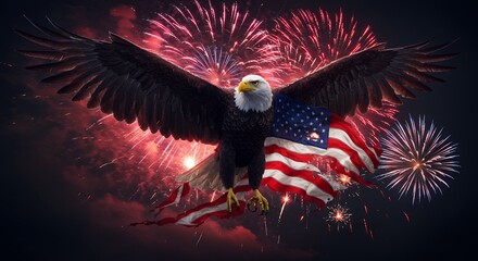 Eagle Flying with Flag Against a Backdrop of Fireworks Display