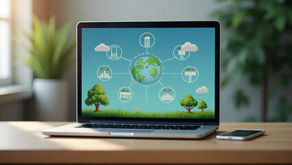 Flat Vector Illustration: Smart Business Planning for Sustainable Development with ESG & Renewable Energy Icons