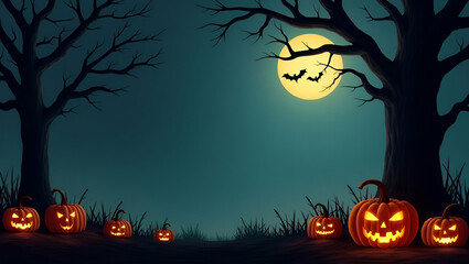 Haunted tree and pumpkins border frame with eerie copy space for Halloween concept as Gnarled haunted trees and carved pumpkins framing eerie space for Halloween messages in  Photo Stock  Concept  and