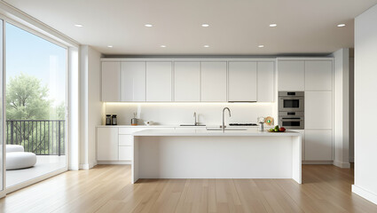 Fototapeta premium Flat Modern white kitchen with wood floor recessed lighting and balcony view concept as A modern white kitchen featuring a wood floor recessed lighting and a balcony view in Simple flat cute vector i