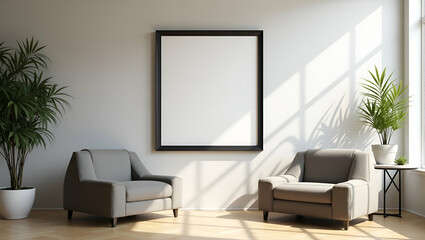 Enhance Your Professional Workspace: Picture Frame with Upholstered Furniture in a Stylish Working Room - Perfect Office Decor Concept with Empty Space for Customization