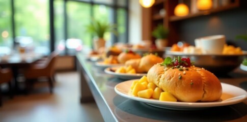 Blurred hotel breakfast buffet, soft light Abstract shapes, muted tones , shapes, blurred texture