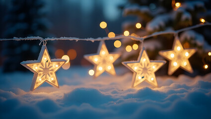 Elegant Flat Vector Illustration of Defocused Christmas Star Lights with Snowflakes: Perfect for Holiday Cards, Seasonal Promotions, and Winter Celebrations