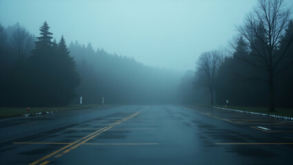 Naklejka premium Serene Rainy Parking Lot with Misty Trees: A Moody Photo Concept