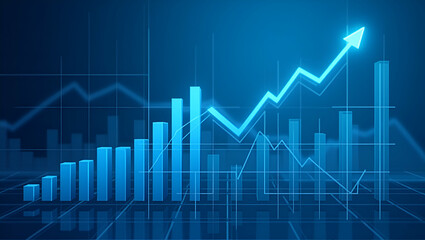 Flat Blue Backdrop with Financial Bar Chart Uptrend: Abstract Stock Market Growth Illustration